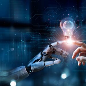 Ai, machine learning, hands of robot and human touch on big data